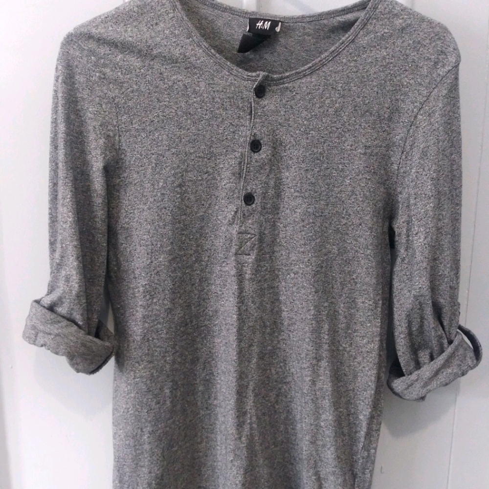 Gray Melange Cotton Jersey Henley Shirt by H&M